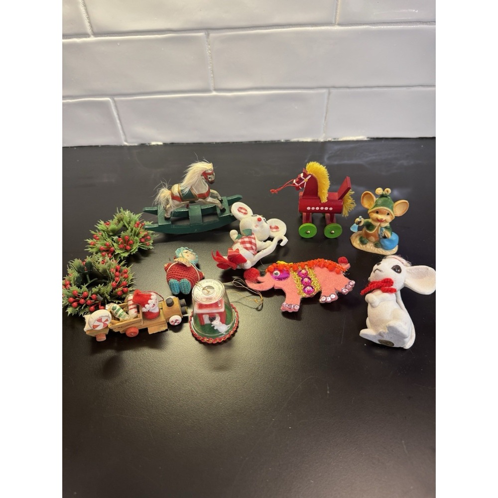 Vintage Assorted Plastic Flocked Wood Cloth Christmas‎ Decorations Kitschy